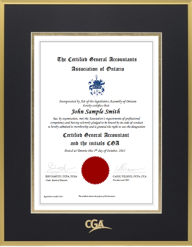 Satin gold metal frame with double mat board (BLK/GLD) for VERTICAL CGA Ontario designation